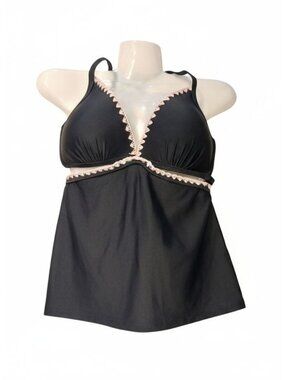 Hula Honey Womens Black & Pink Halter Tankini Swim Top With Crochet Trim - Size